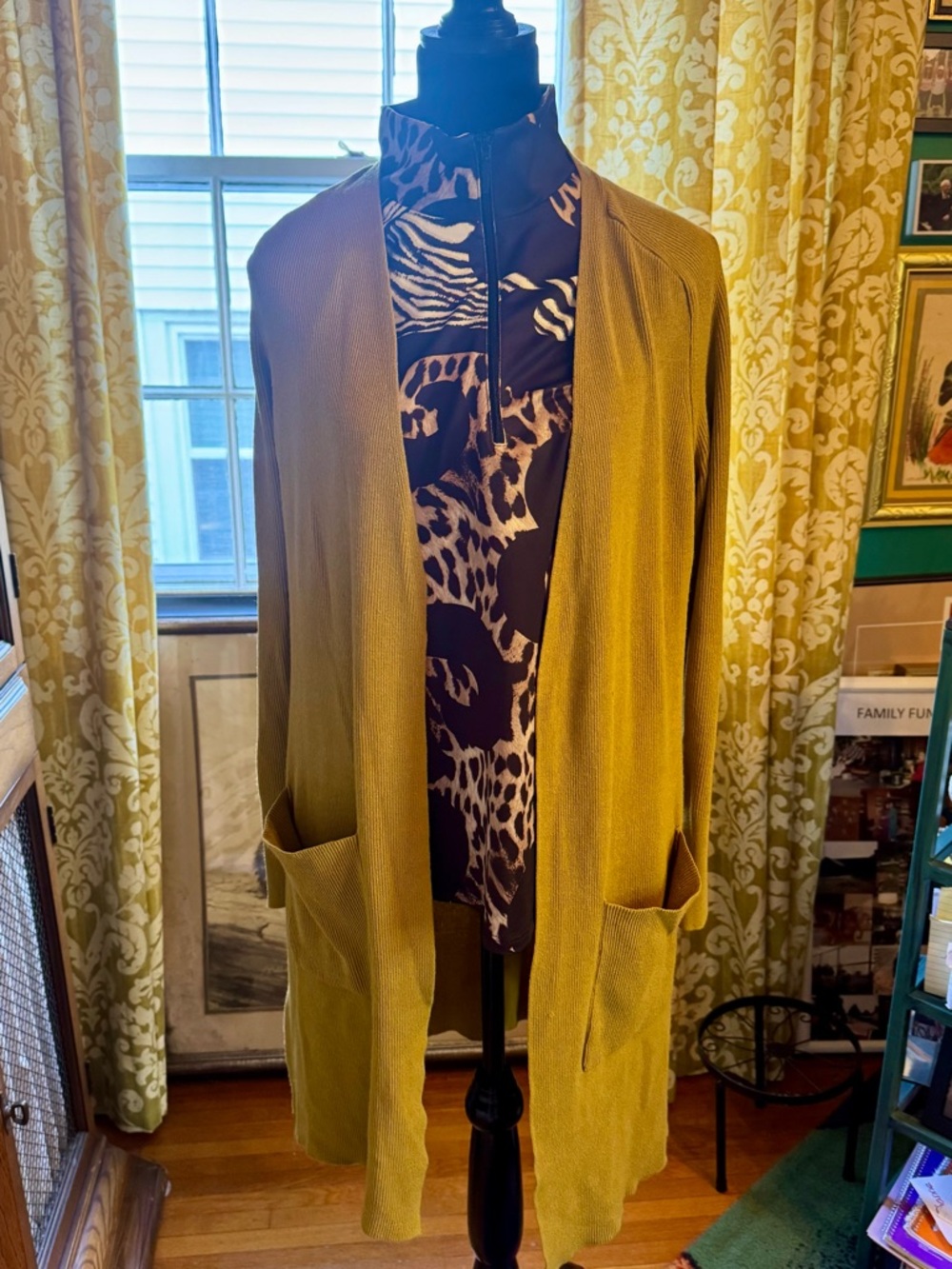 Ann Taylor Mustard Open-Front Long Cardigan with Pockets
